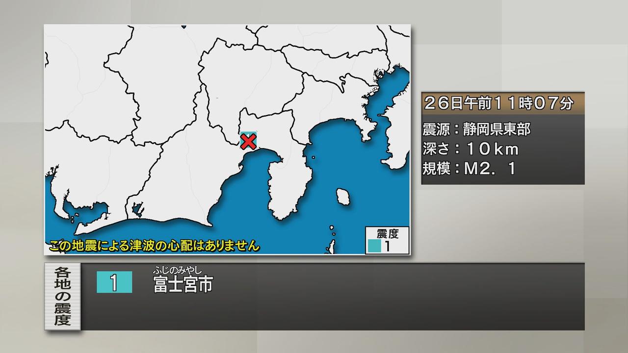 画像: 【地震速報】静岡・富士宮市で震度1