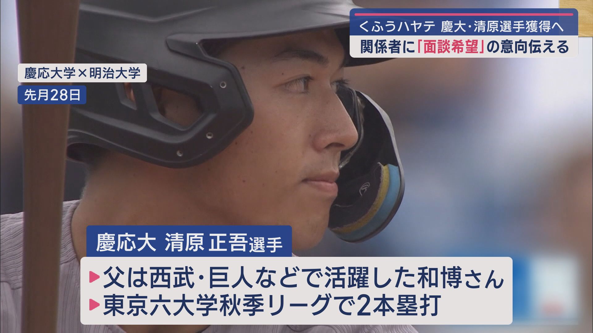 【プロ野球】くふうハヤテベンチャーズ静岡が慶応大の清原正吾選手の獲得に乗り出す