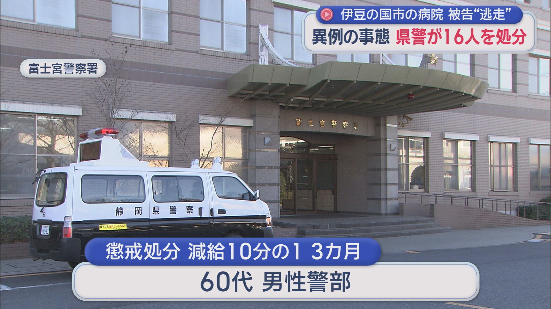 静岡県警が警察官16人処分…入院した被告の逃走事件　具体的指示をしなかった男性警部は減給3カ月