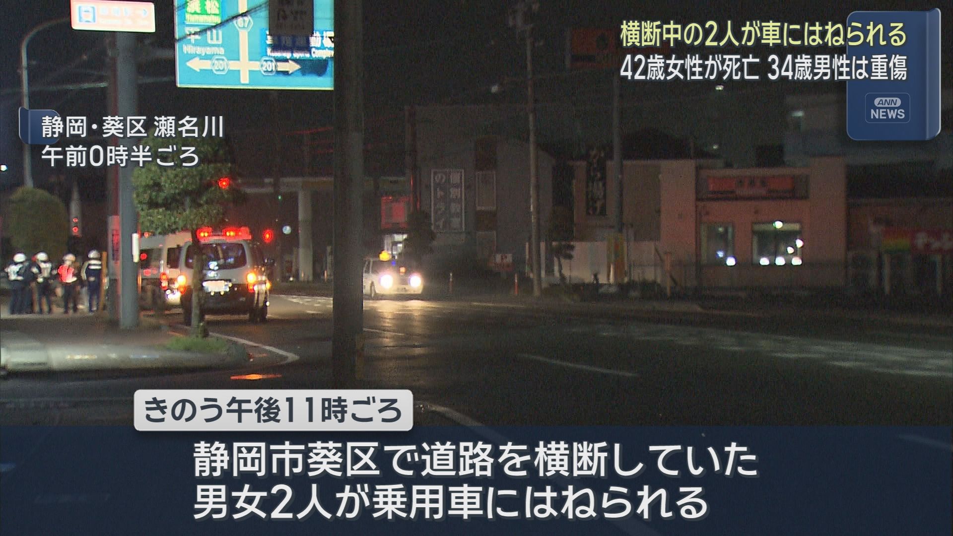 道路を横断していた歩行者２人が乗用車にはねられ１人が死亡　静岡市葵区