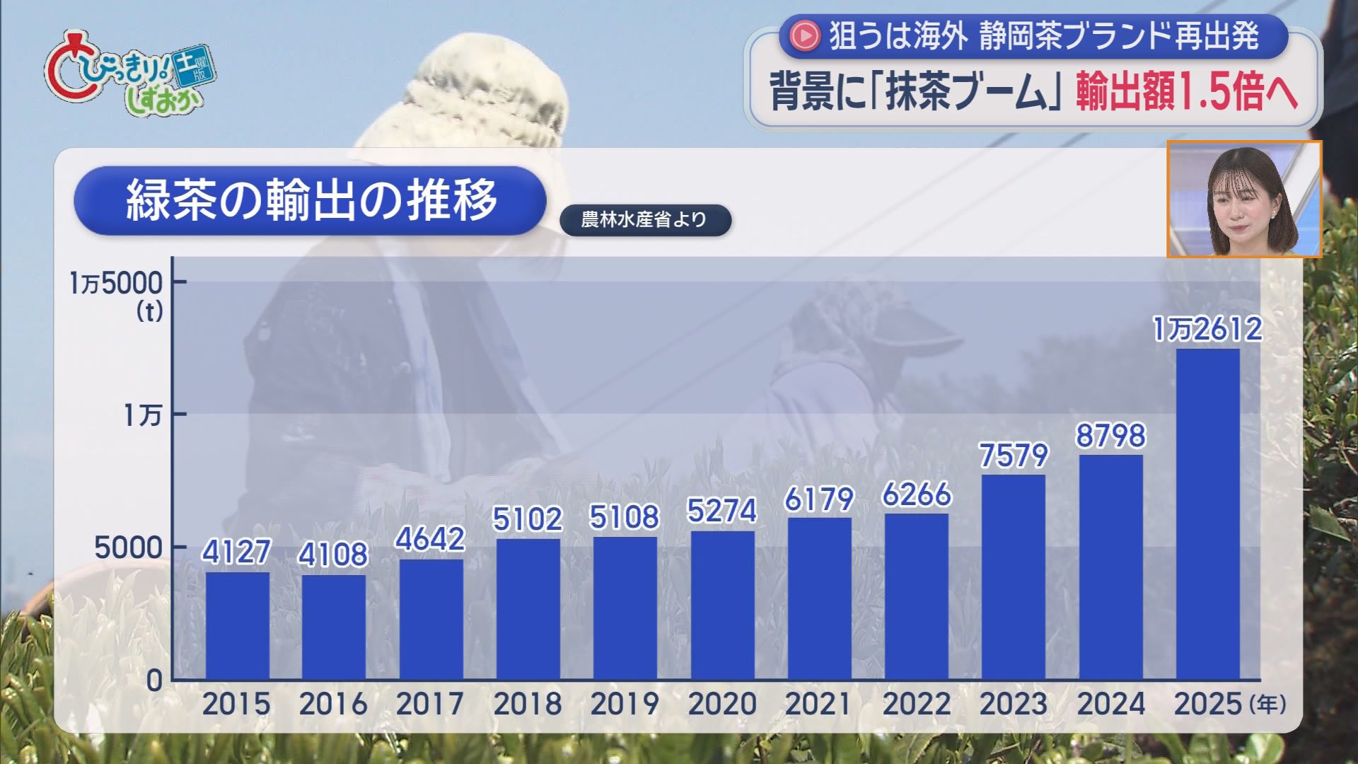 荒茶生産量トップ陥落の『静岡茶』4年で輸出1.5倍めざす　背景に海外の“抹茶ブーム”外国からの視察も