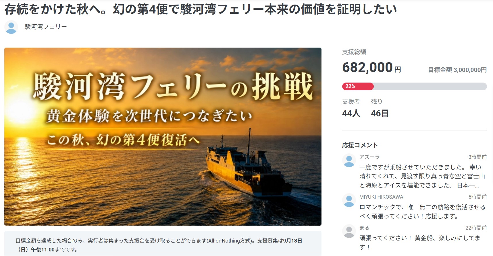 「夕焼け富士」が見られる最後のチャンス?　“幻の第4便”復活目指し駿河湾フェリーが初のクラファン　300万円届かないと運航は中止に