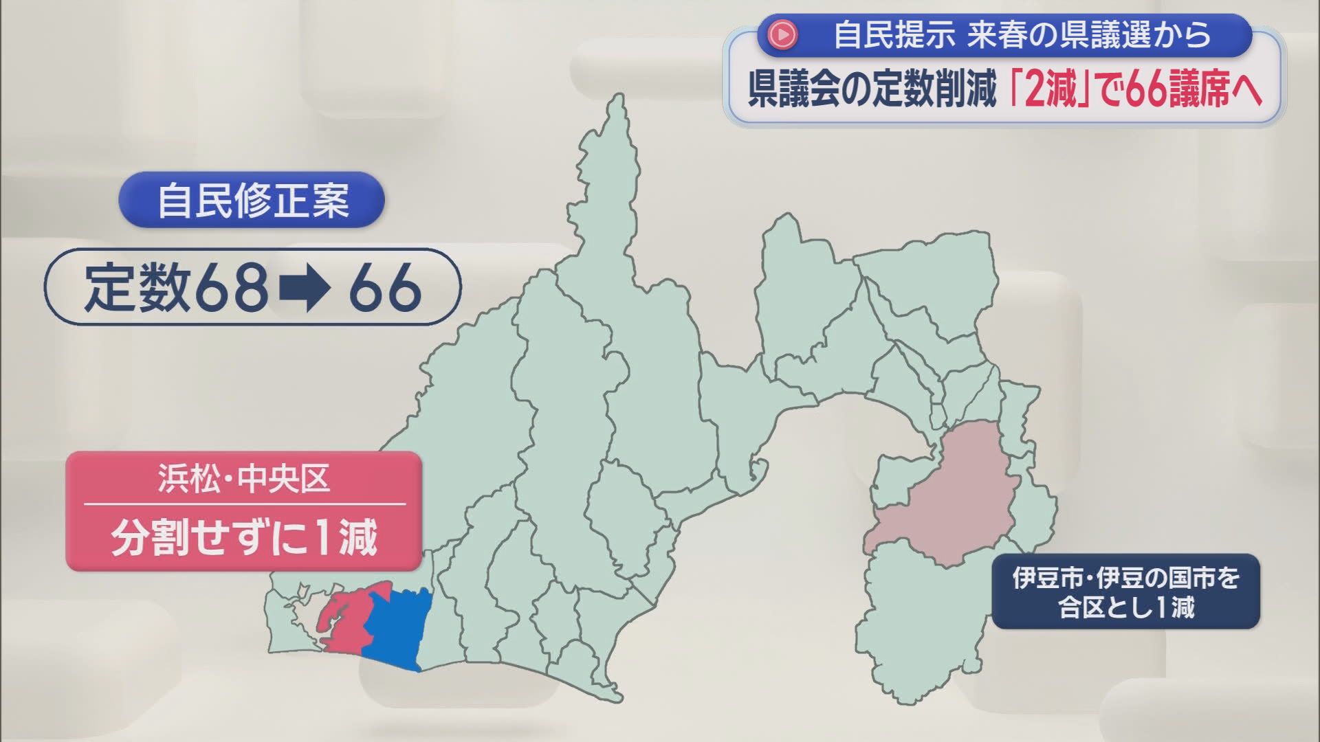 大詰め…静岡県議定数削減　自民「2減」にふじのくにも賛成　公明は伊豆・伊豆の国の合区に否定的「人口が少ない地域の声が届かない」　静岡
