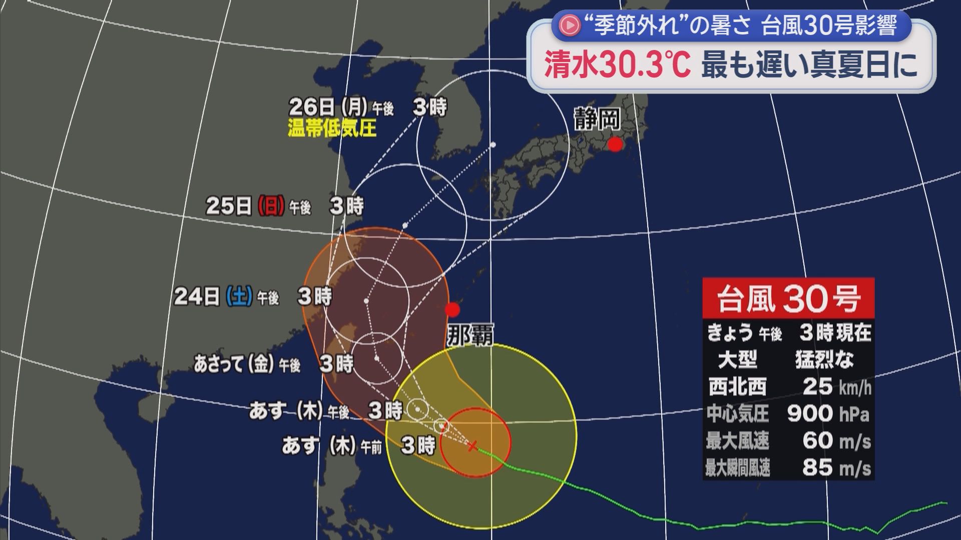 季節外れの“夏”　清水30.3℃…観測史上最も遅い真夏日　かき氷店が繁盛「10月に食べるとは…」　台風30号は週明け本州接近か　静岡